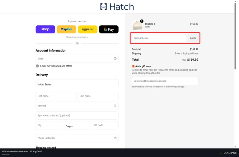 Hatch checkout page showing the Discount code field and Apply button
