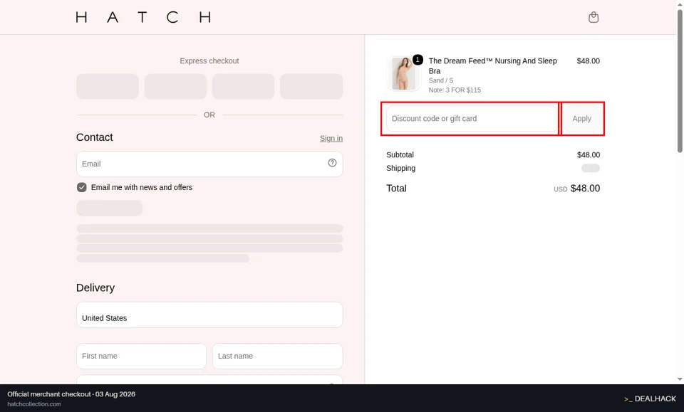HATCH Collection checkout page showing the Discount code or gift card field and Apply button