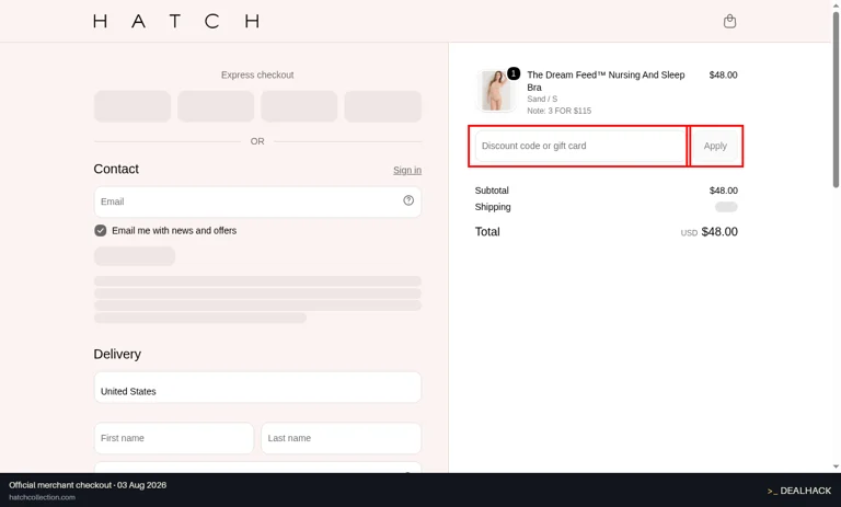 HATCH Collection checkout page showing the Discount code or gift card field and Apply button
