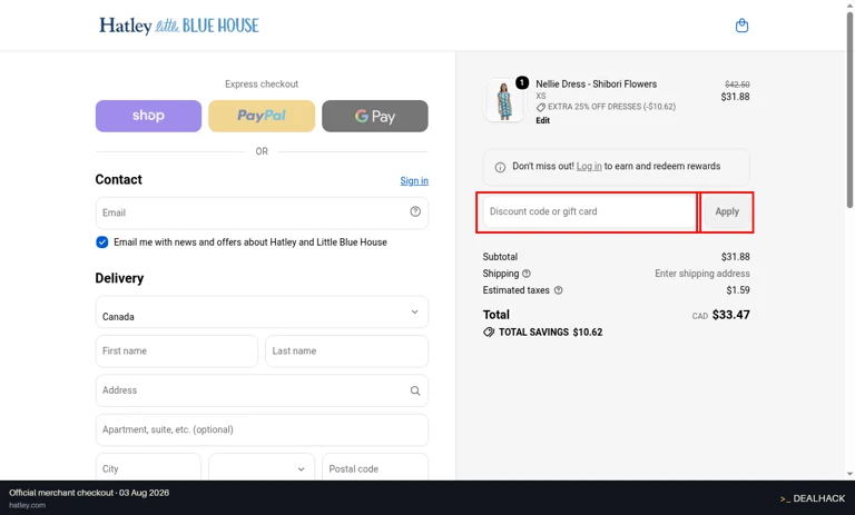 Hatley checkout page showing the Discount code or gift card field and Apply button