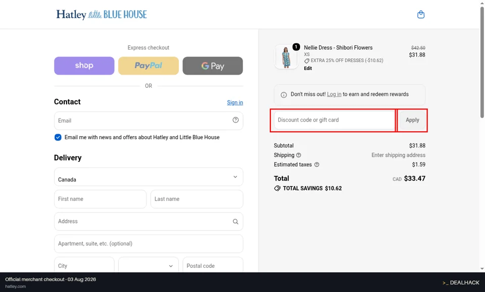 Hatley checkout page showing the Discount code or gift card field and Apply button