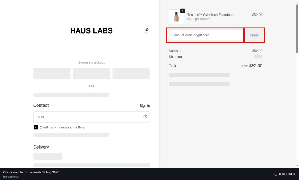 Haus Labs by Lady Gaga checkout page showing the Discount code or gift card field and Apply button
