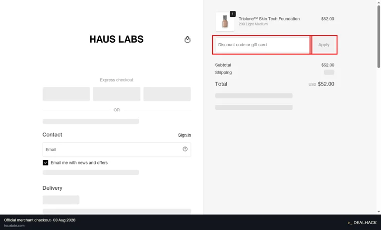 Haus Labs by Lady Gaga checkout page showing the Discount code or gift card field and Apply button