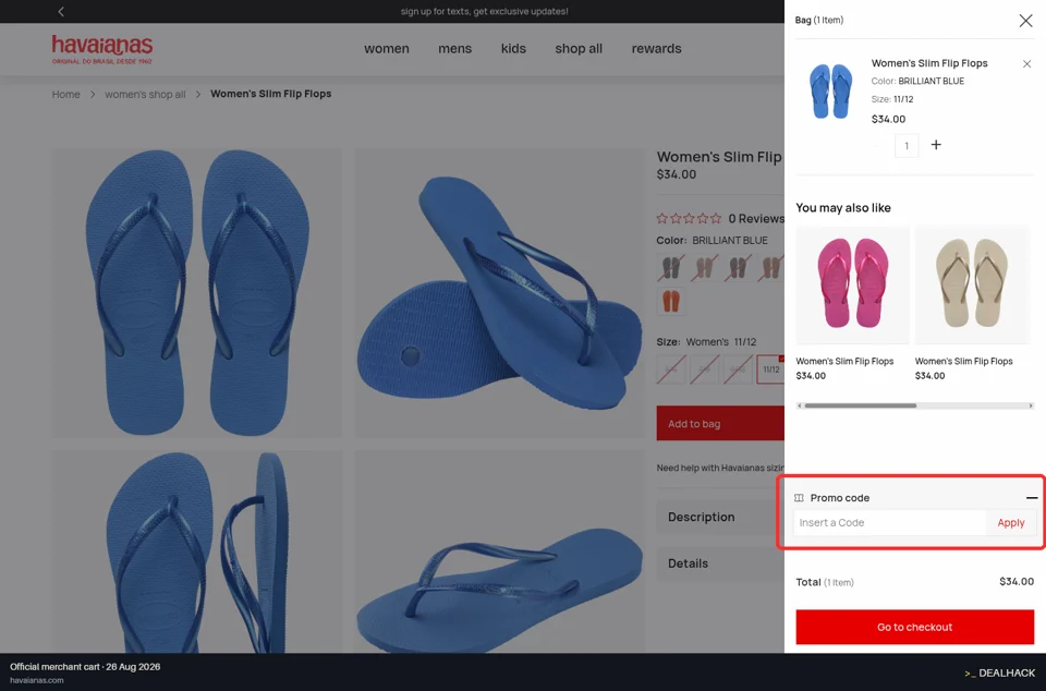 Havaianas checkout page showing the Insert a Code field and Apply button