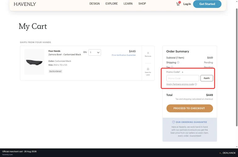 Havenly checkout page showing the Promo Code field and Apply button