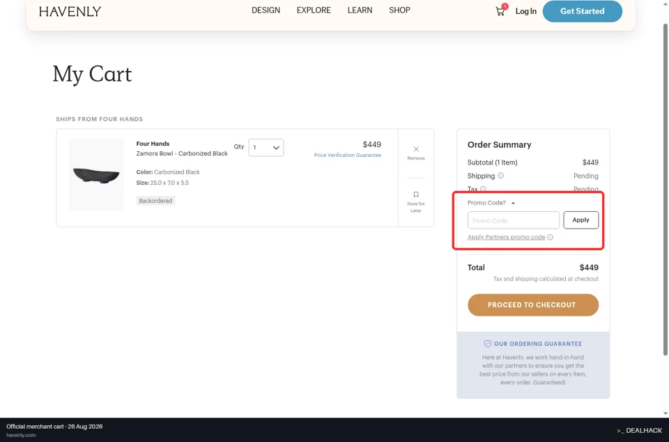 Havenly checkout page showing the Promo Code field and Apply button