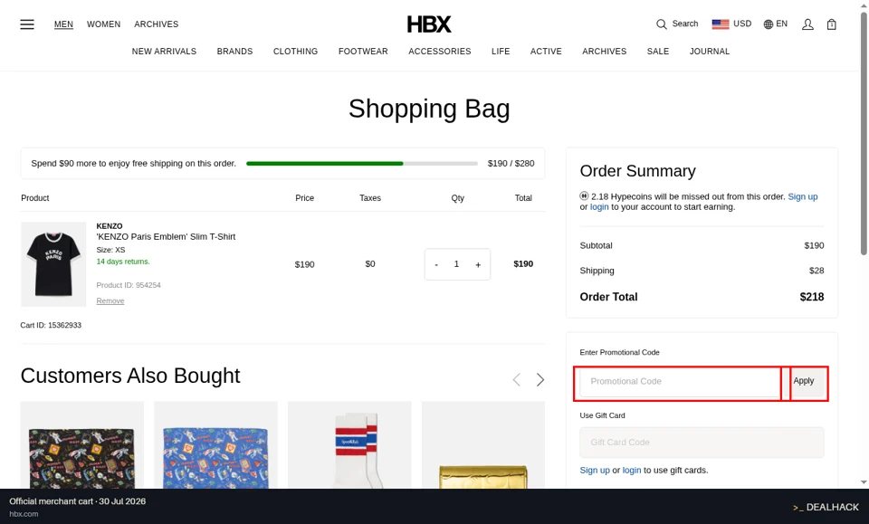 HBX checkout page showing the Promotional Code field and Apply button