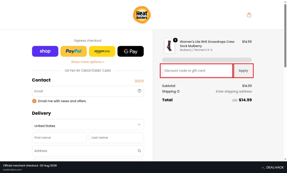 Heat Holders checkout page showing the Discount code or gift card field and Apply button