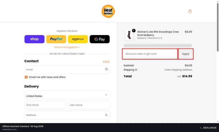 Heat Holders checkout page showing the Discount code or gift card field and Apply button