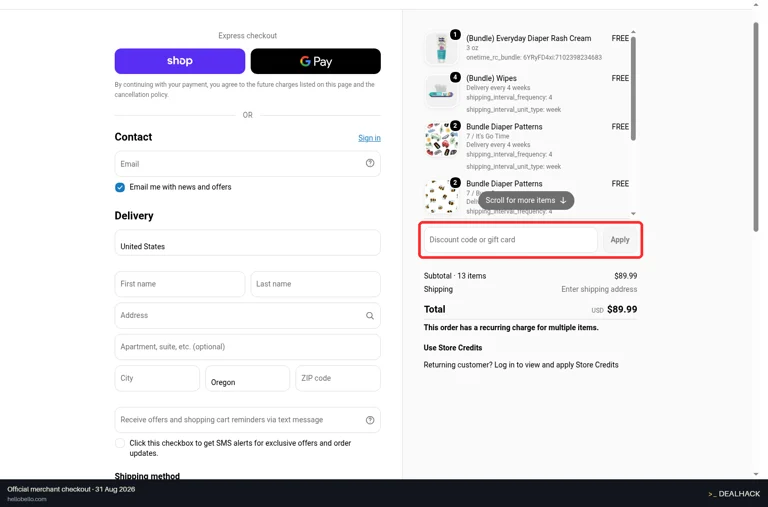 Hello Bello checkout page showing the Discount code or gift card field and Apply button