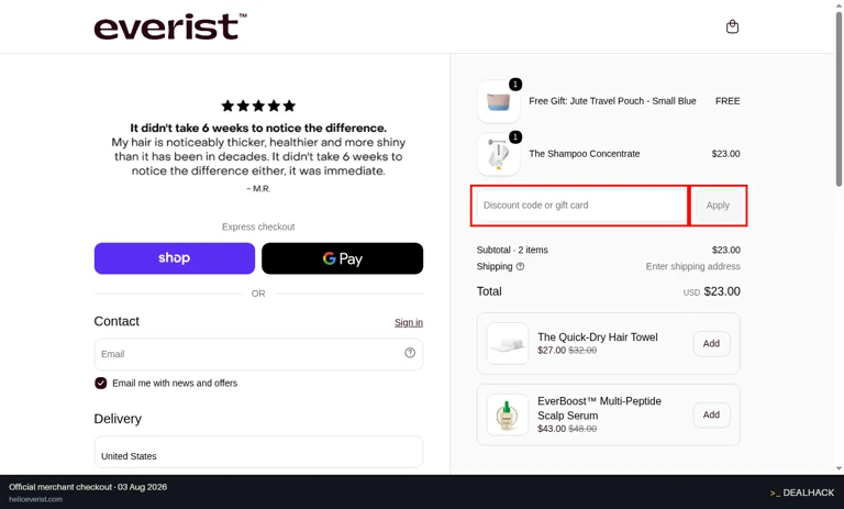 Everist checkout page showing the Discount code or gift card field and Apply button