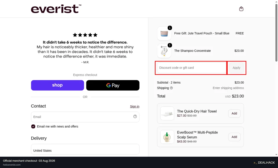 Everist checkout page showing the Discount code or gift card field and Apply button