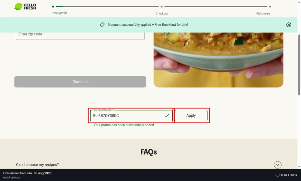 HelloFresh checkout page showing the Enter promo code field and Apply button