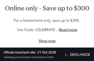 Screenshot of Helzberg Diamonds's website on Oct 21, 2026 showing the "Save Up to $300 on Online Orders" offer