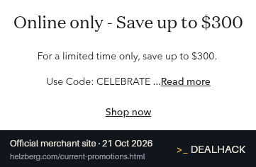 Screenshot of Helzberg Diamonds's website on Oct 21, 2026 showing the "Save Up to $300 on Online Orders" offer