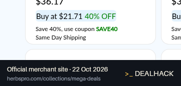Screenshot of HerbsPro's website on Oct 22, 2026 showing the "Save 40% on Select Mega Deals Items" offer