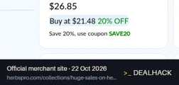 Screenshot of HerbsPro's website on Oct 22, 2026 showing the "Save 20% on Select Sale Items" offer