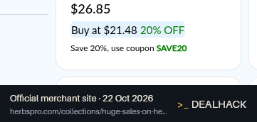 Screenshot of HerbsPro's website on Oct 22, 2026 showing the "Save 20% on Select Sale Items" offer