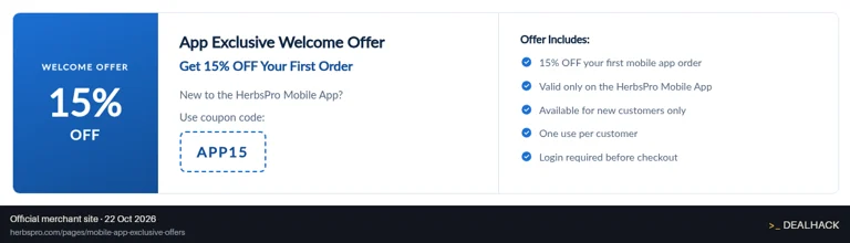 Screenshot of HerbsPro's website on Oct 22, 2026 showing the "Save 15% on Your First App Order" offer