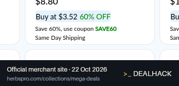 Screenshot of HerbsPro's website on Oct 22, 2026 showing the "Save 60% on Select Mega Deals Items" offer