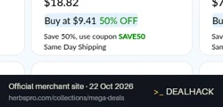 Screenshot of HerbsPro's website on Oct 22, 2026 showing the "Save 50% on Select Mega Deals Items" offer