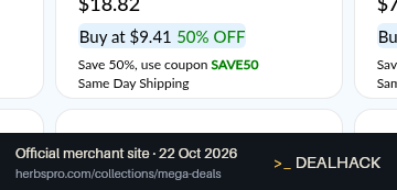 Screenshot of HerbsPro's website on Oct 22, 2026 showing the "Save 50% on Select Mega Deals Items" offer