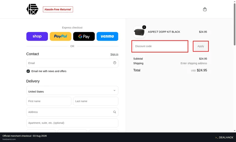 HEX checkout page showing the Discount code field and Apply button