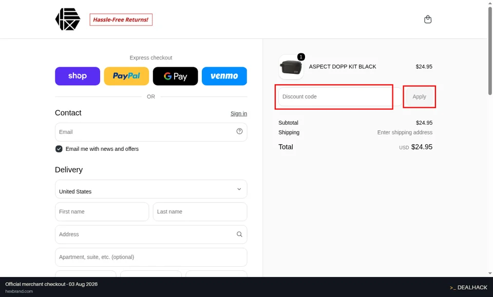 HEX checkout page showing the Discount code field and Apply button
