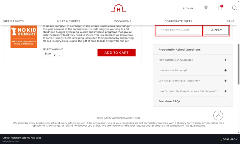 Hickory Farms checkout page showing the Enter Promo Code field and APPLY button