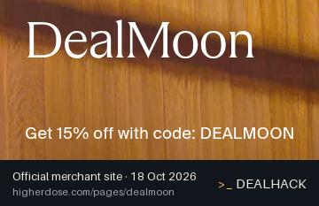 Screenshot of HigherDOSE's website on Oct 18, 2026 showing the "Get 15% Off via DealMoon at HigherDOSE" offer