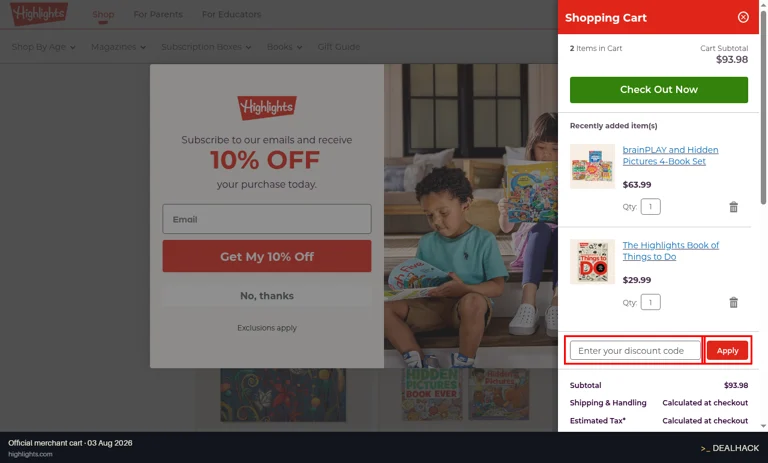 Highlights checkout page showing the Enter your discount code field and Apply button