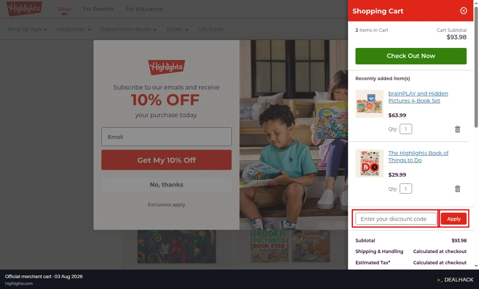 Highlights checkout page showing the Enter your discount code field and Apply button