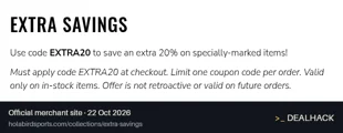 Screenshot of Holabird Sports's website on Oct 22, 2026 showing the "Save Extra 20% on Extra Savings Items" offer