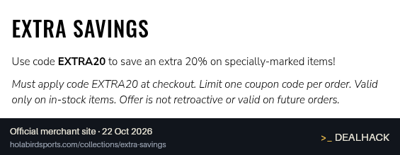 Screenshot of Holabird Sports's website on Oct 22, 2026 showing the "Save Extra 20% on Extra Savings Items" offer