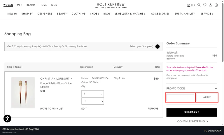 Holt Renfrew checkout page showing the Promo code field and Apply button