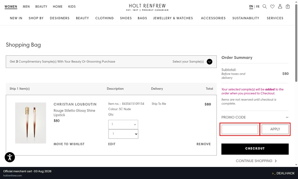 Holt Renfrew checkout page showing the Promo code field and Apply button