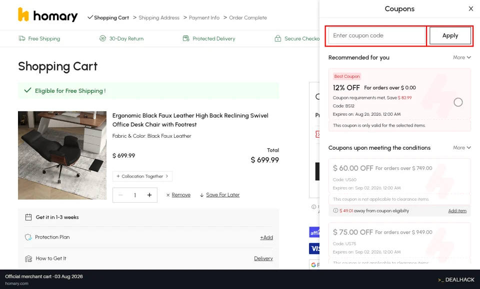 Homary checkout page showing the Enter coupon code field and Apply button