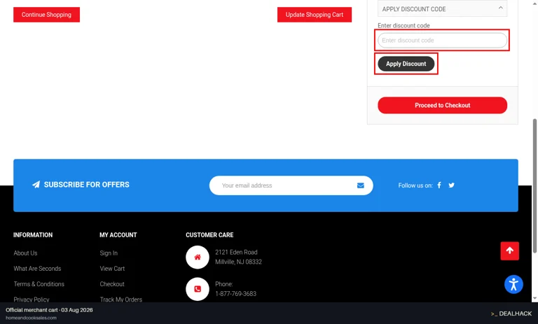 Home and Cook Sales checkout page showing the Enter discount code field and Apply Discount button