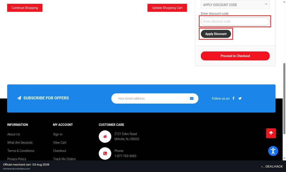 Home and Cook Sales checkout page showing the Enter discount code field and Apply Discount button