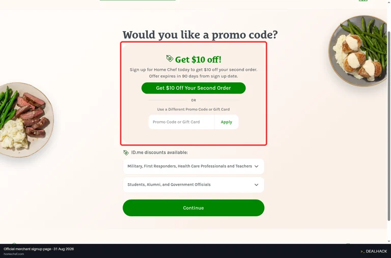 Home Chef checkout page showing the Promo Code or Gift Card field and Apply button
