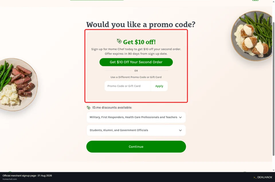 Home Chef checkout page showing the Promo Code or Gift Card field and Apply button