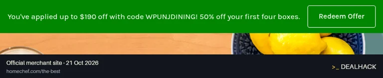 Screenshot of Home Chef's website on Oct 21, 2026 showing the "Save 50% on Your First Four Home Chef Boxes" offer