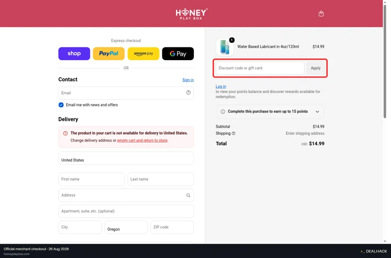 Honey Play Box checkout page showing the Discount code or gift card field and Apply button