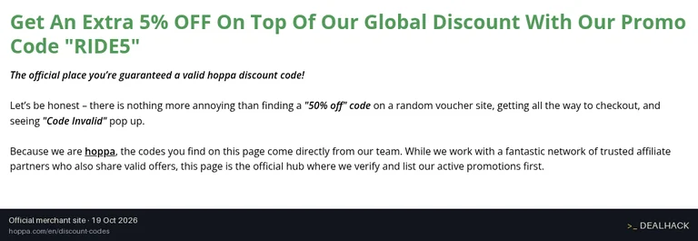 Screenshot of hoppa's website on Oct 19, 2026 showing the "Save 5% on Hoppa Bookings" offer