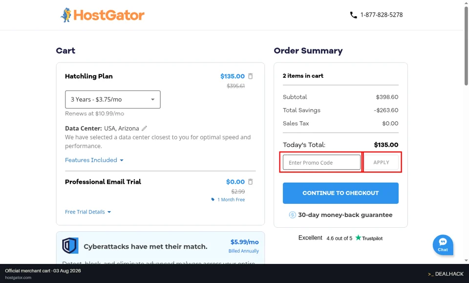 HostGator checkout page showing the Enter Promo Code field and Apply button