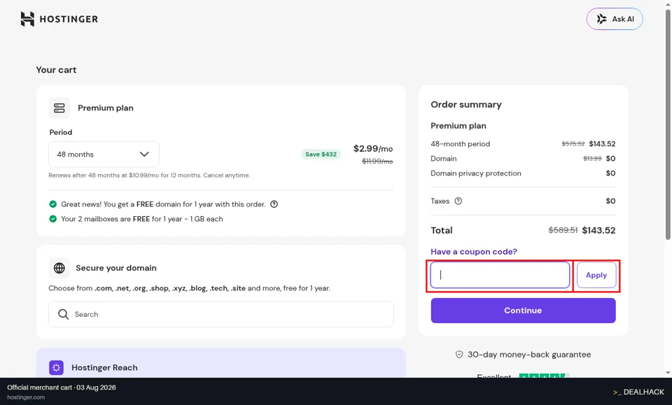 Hostinger checkout page showing the Enter coupon code field and Apply button