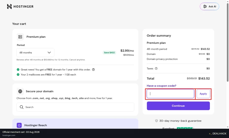Hostinger checkout page showing the Enter coupon code field and Apply button