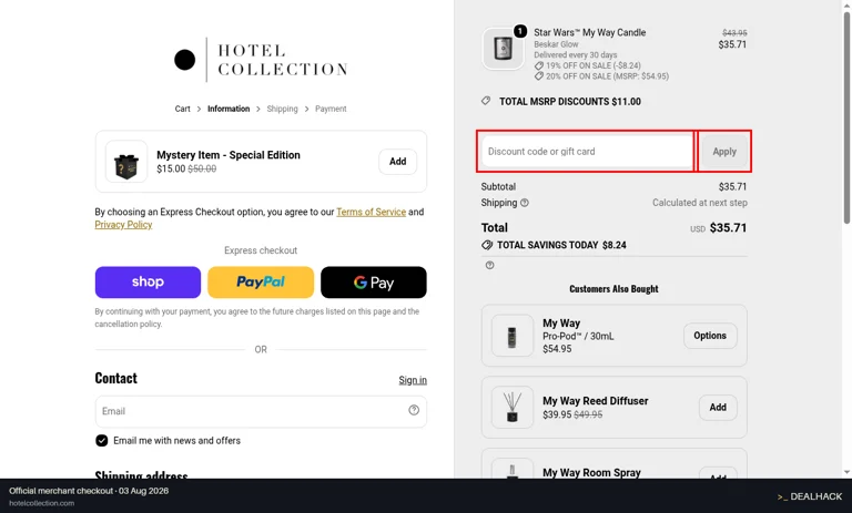 Hotel Collection checkout page showing the Discount code or gift card field and Apply button