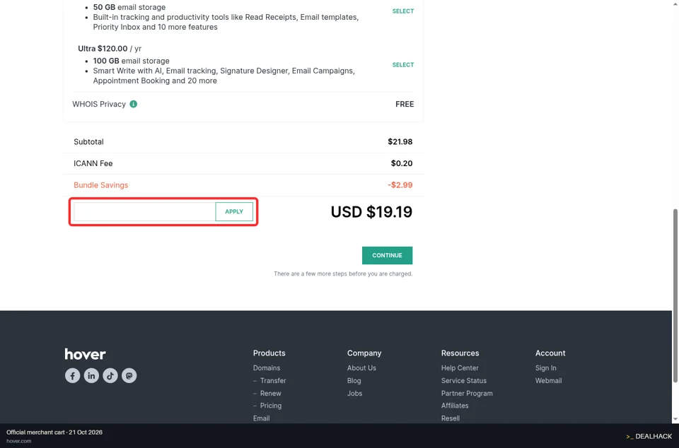 Hover checkout page showing the Promo Code field and Apply button