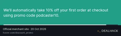 Screenshot of Hover's website on Oct 20, 2026 showing the "Save 10% on Your First Hover Order" offer